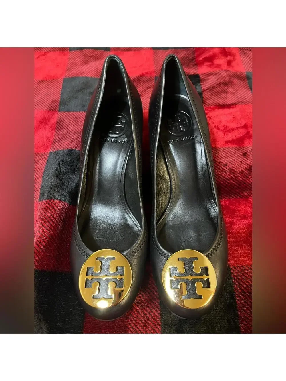 Tory Burch Leather Pumps 7M Black Gold Hardware